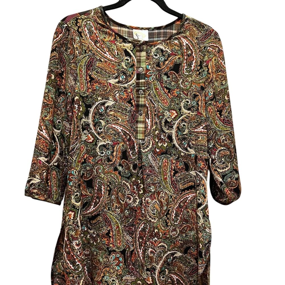 Fig & Flower Anthropologie Paisley Plaid Hi-Lo 3/4 Sleeve Tunic Top Small